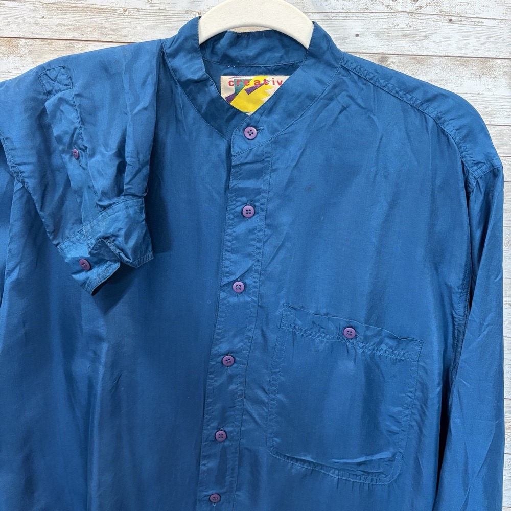 Vintage 80s Creative Edge Mens S 100% Silk Shirt Blue Mandarin Collar